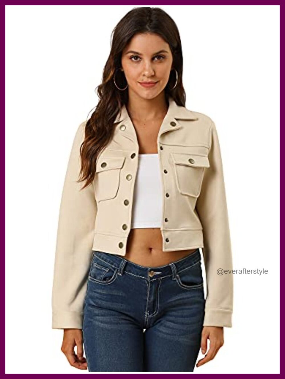 Faux Suede Cropped Jacket Button Down Snap Closure Flap Pockets